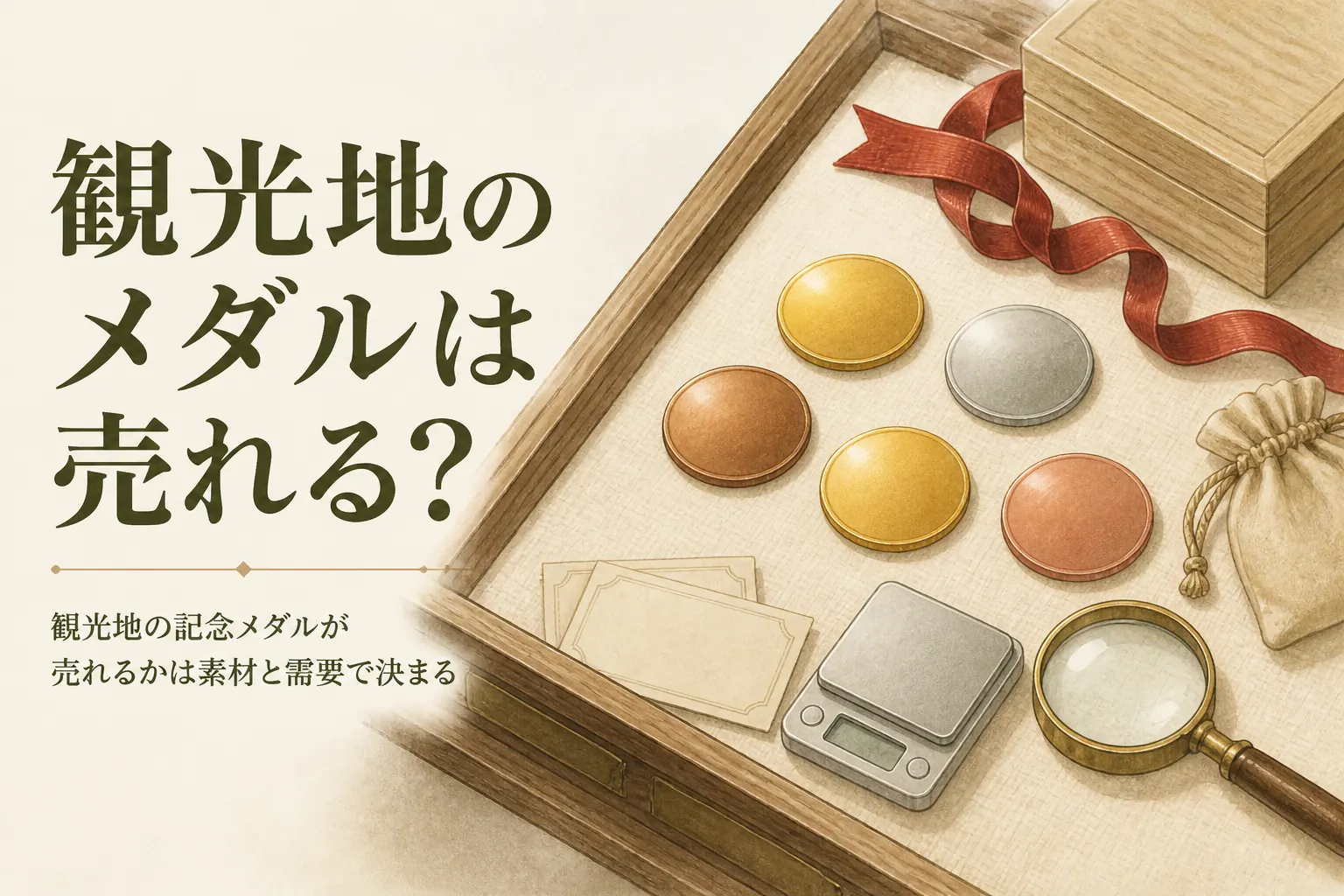 無地のメダルと布袋のイメージ、「観光地のメダルは売れる?」の文字