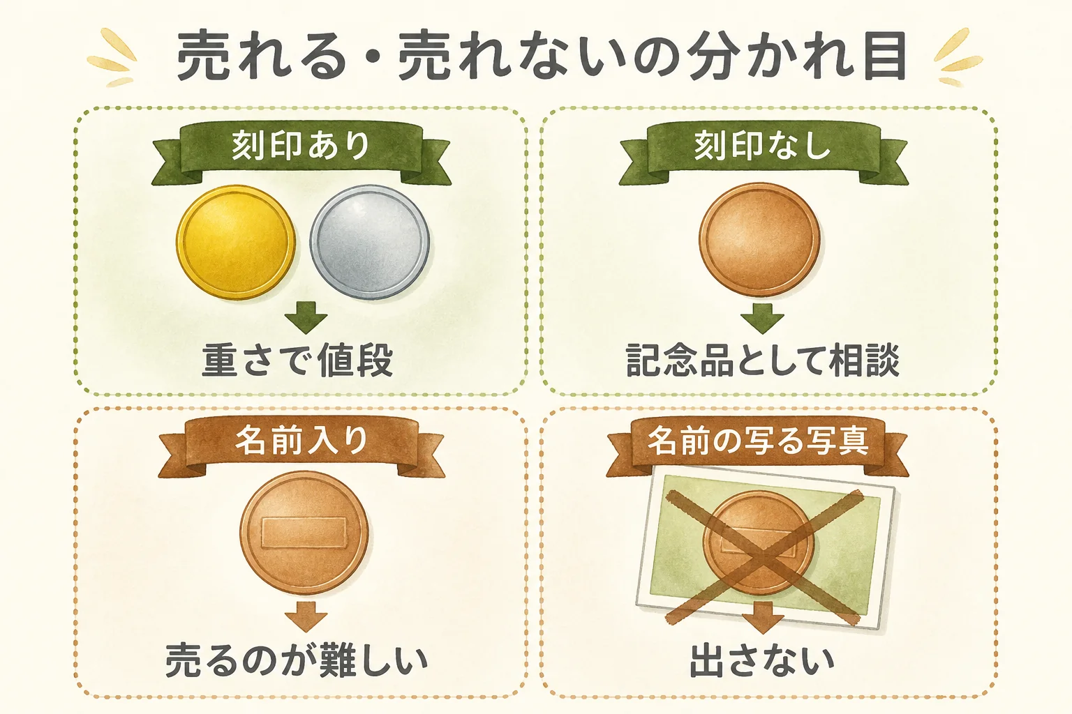 観光地の記念メダルを売るか残すかの分かれ目の図解