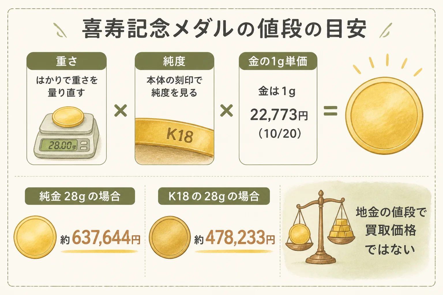 喜寿記念の純金メダルの値段の目安を出す手順の図解