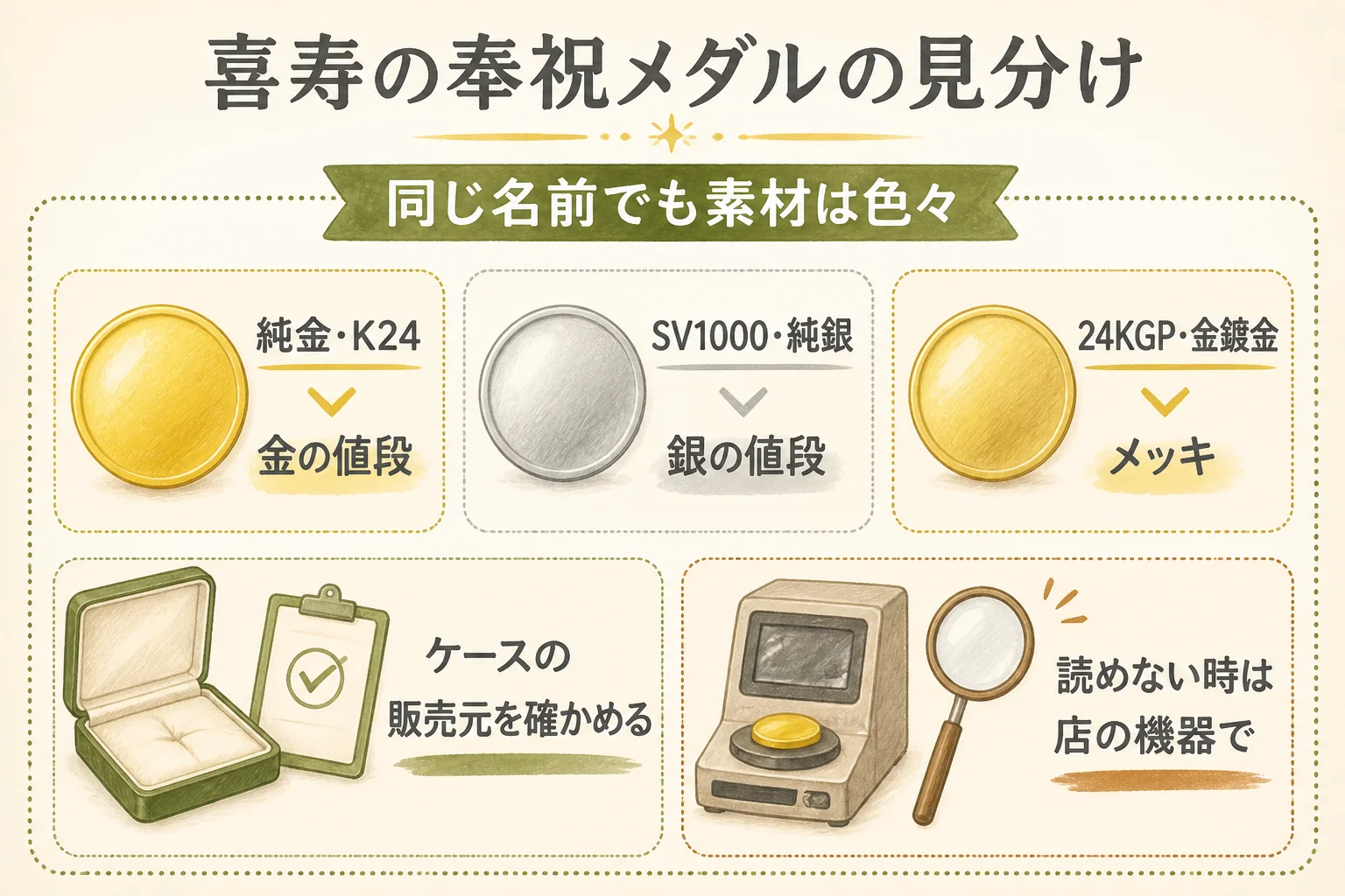喜寿の奉祝メダルの素材の見分け方の図解