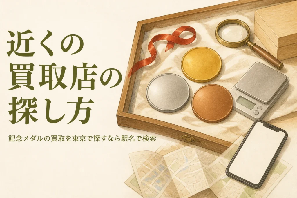 無地のメダルと地図・スマートフォンのイメージ、「近くの買取店の探し方」の文字