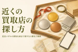 無地のメダルと地図・スマートフォンのイメージ、「近くの買取店の探し方」の文字