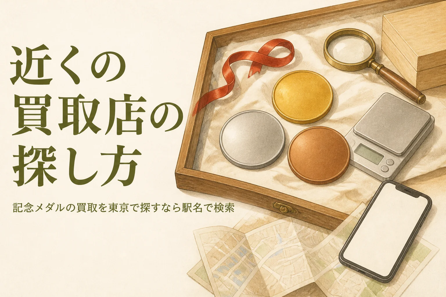 無地のメダルと地図・スマートフォンのイメージ、「近くの買取店の探し方」の文字