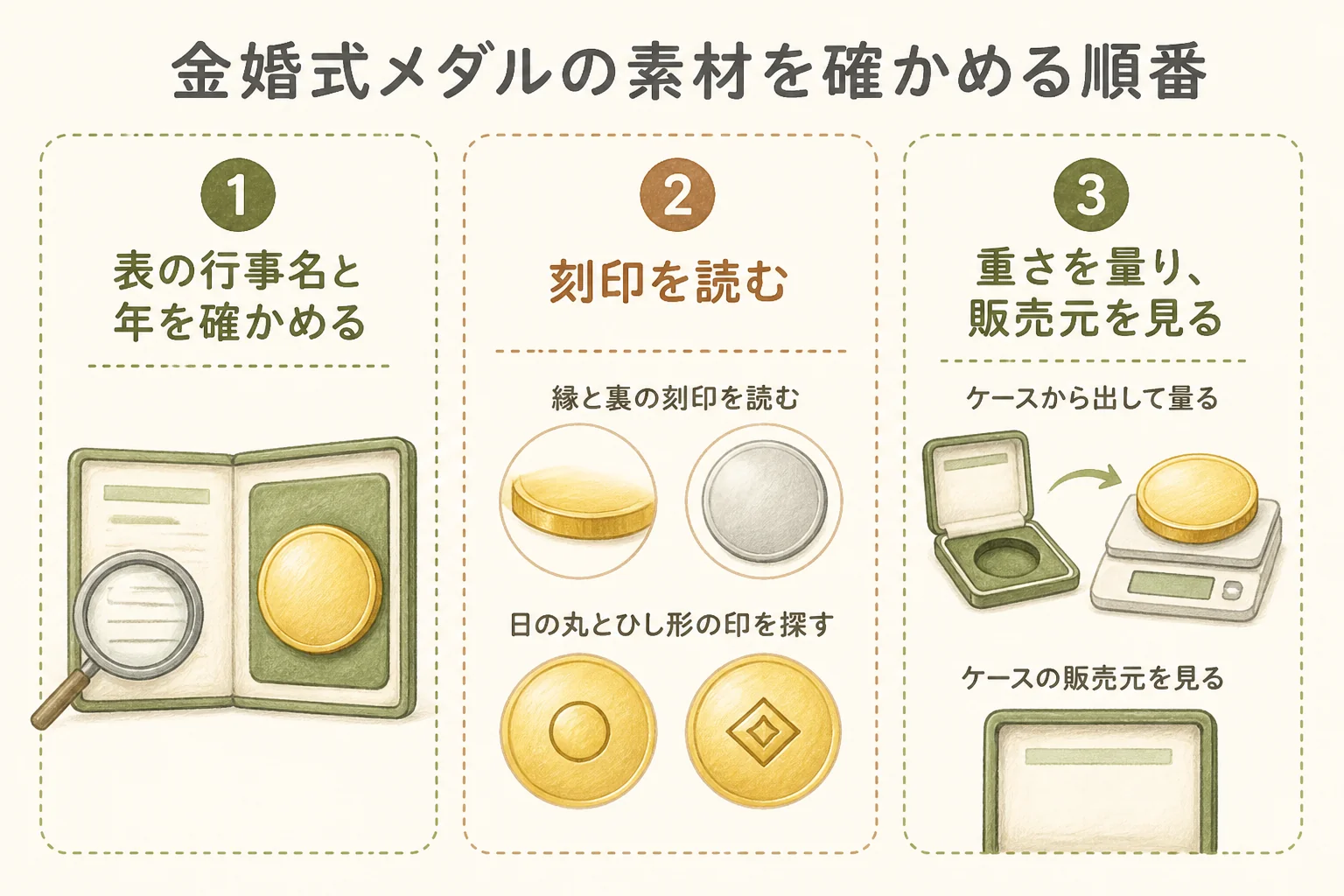 金婚式の記念メダルの素材を確かめる順番の図解