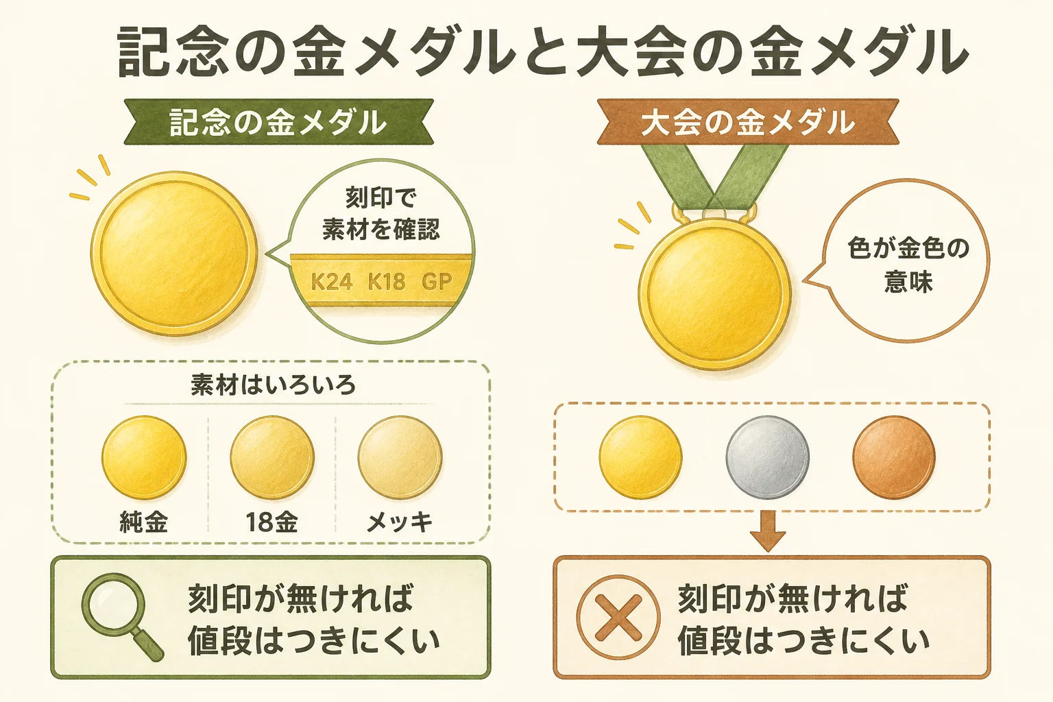 記念の金メダルと大会の金メダルの違いを示した図解