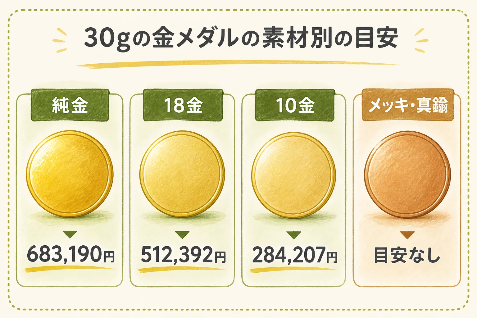 30gの金メダルの素材ごとの値段の目安を比べた図解