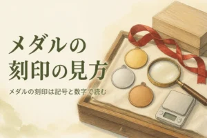 無地の金色・銀色のメダルとルーペのイメージ、「メダルの刻印の見方」の文字