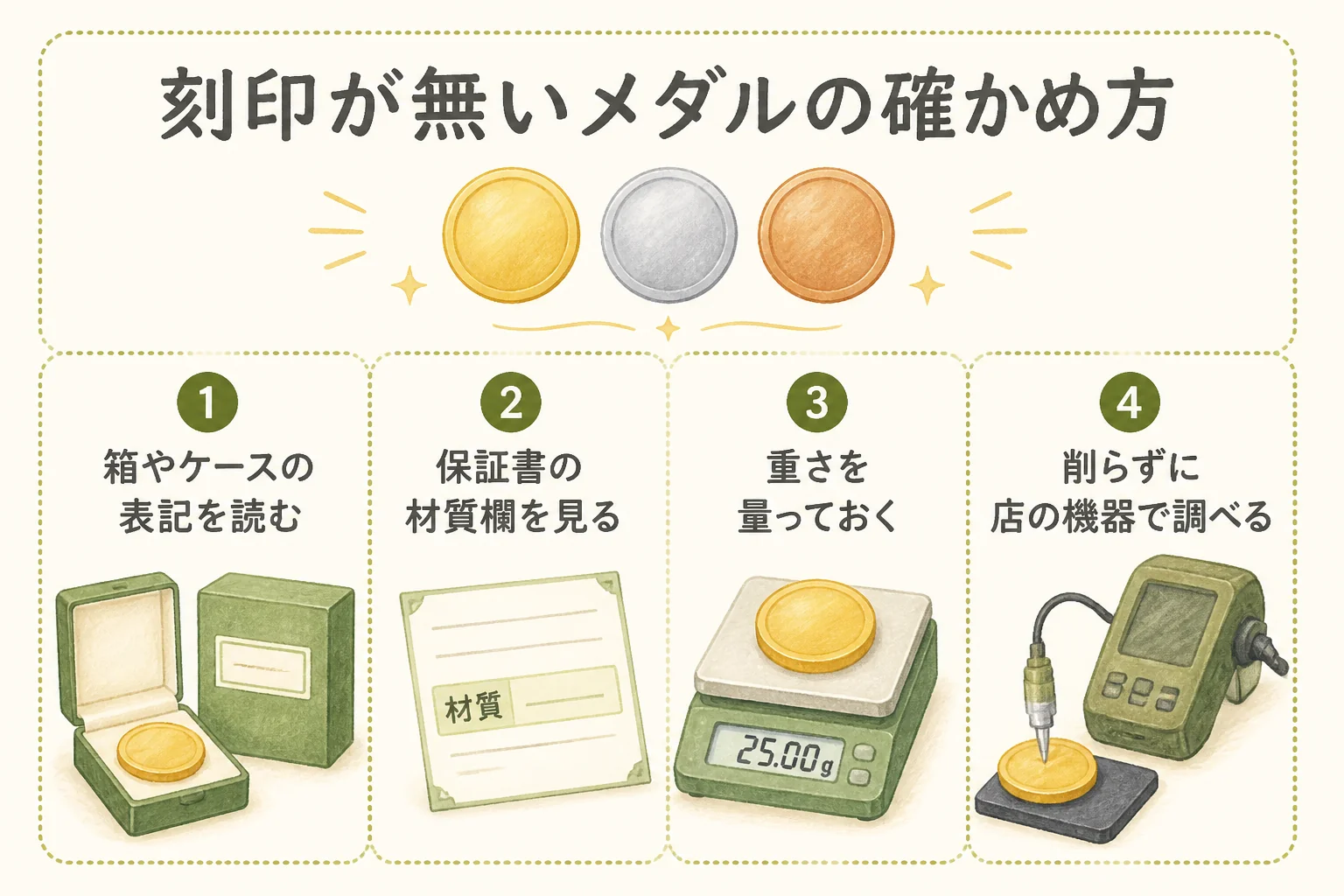 刻印が無いメダルを確かめる順番の図解