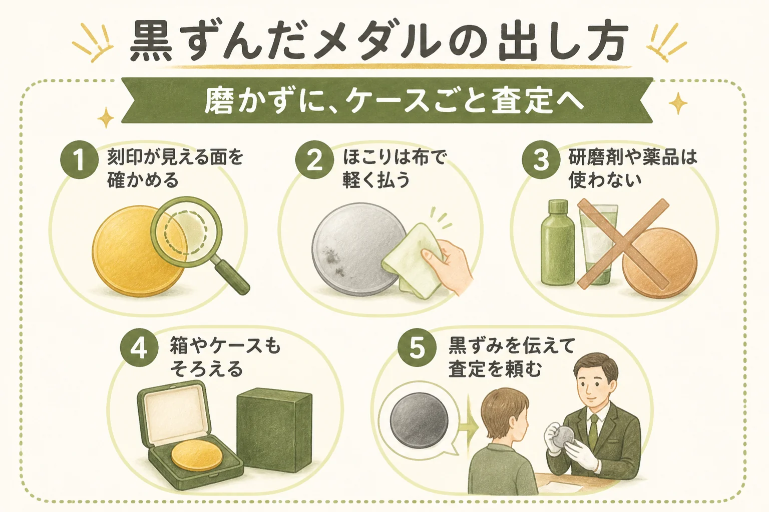 黒ずんだ記念メダルを磨かずに査定へ出す流れの図解