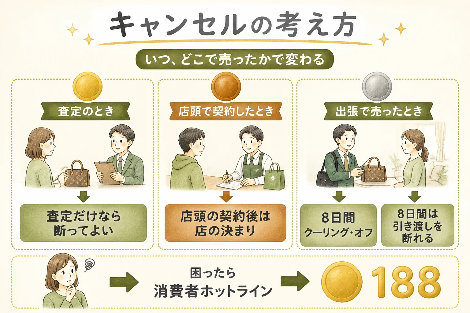 記念メダルの買取のキャンセルを段階別に示した図解