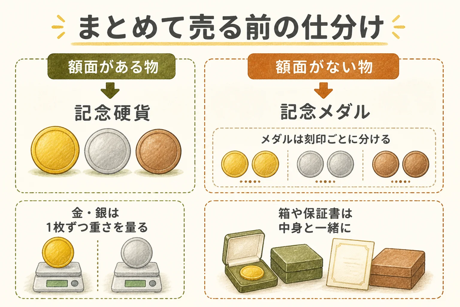 記念メダル・記念コインをまとめて売る前の仕分けの図解