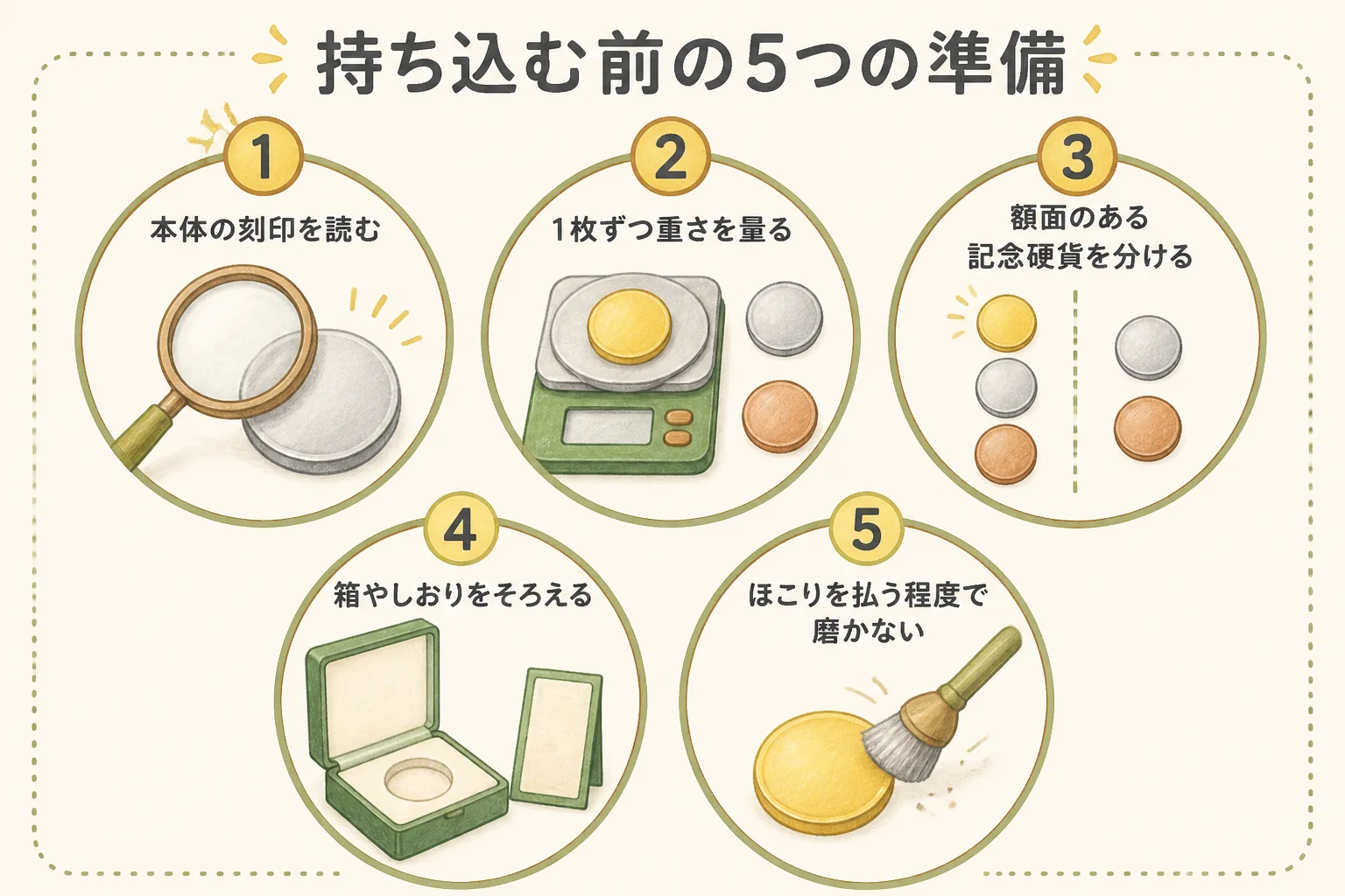 明治天皇の記念メダルを持ち込む前の準備の図解