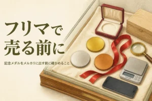 無地の金色・銀色のメダルとスマートフォンのイメージ、「フリマで売る前に」の文字