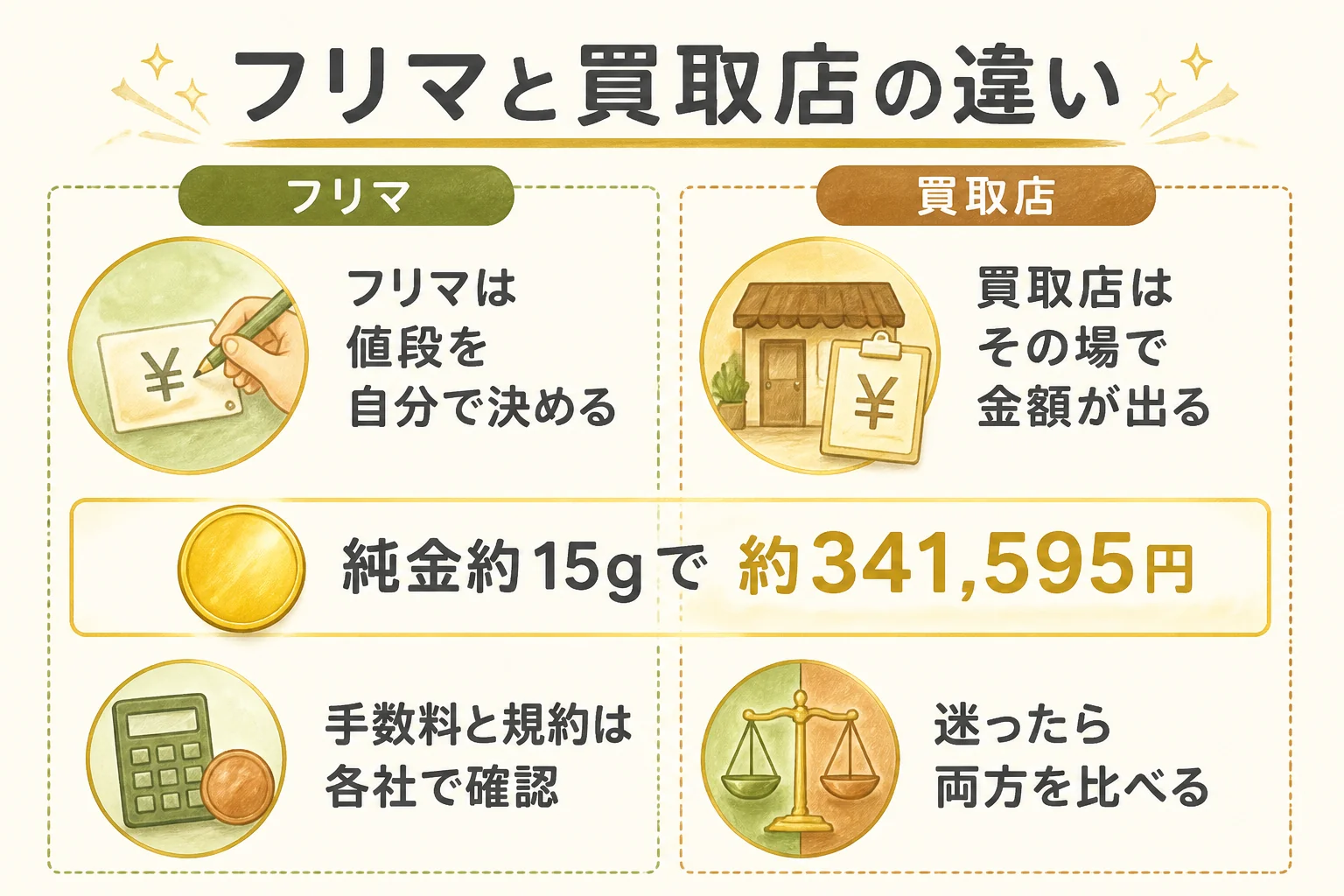 フリマと買取店の向き不向きを比べた図解