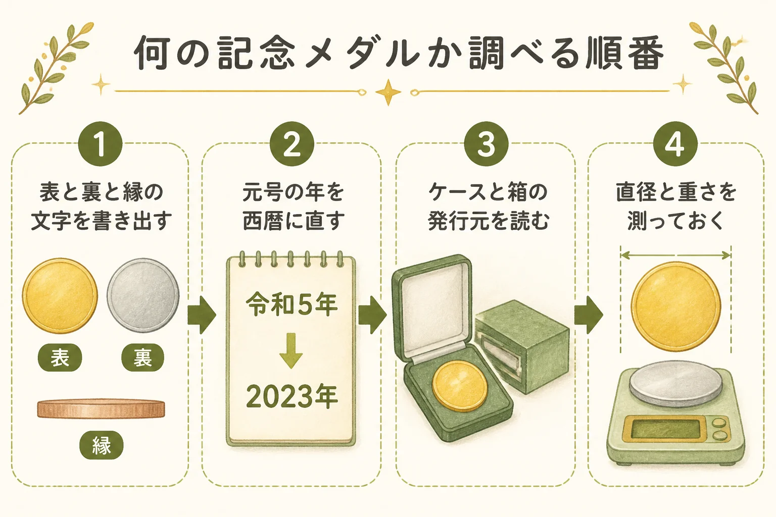 何の記念メダルか調べる順番の図解