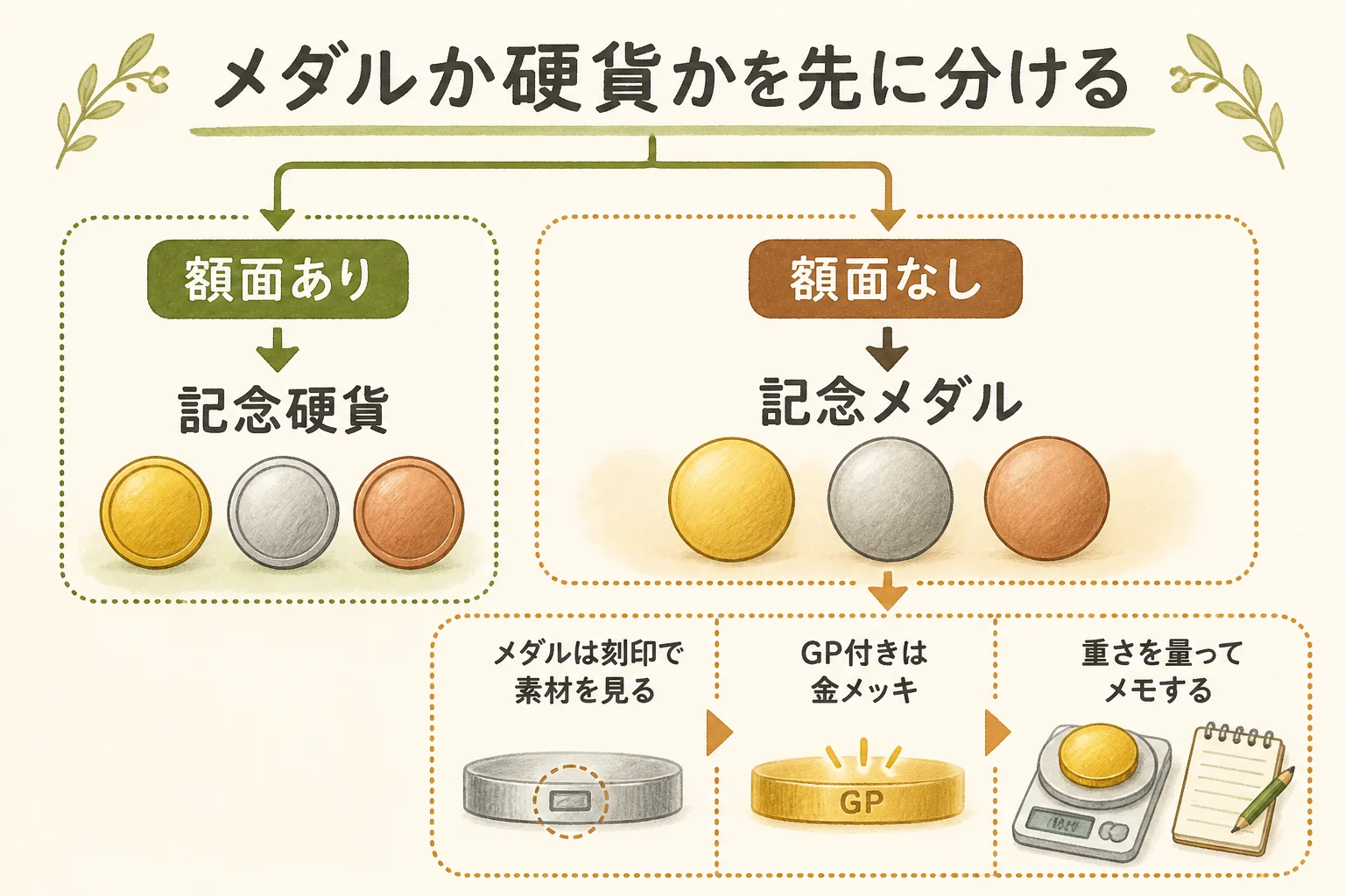 長野オリンピック記念メダルの記念硬貨との分け方と素材の確かめ方を示した図解