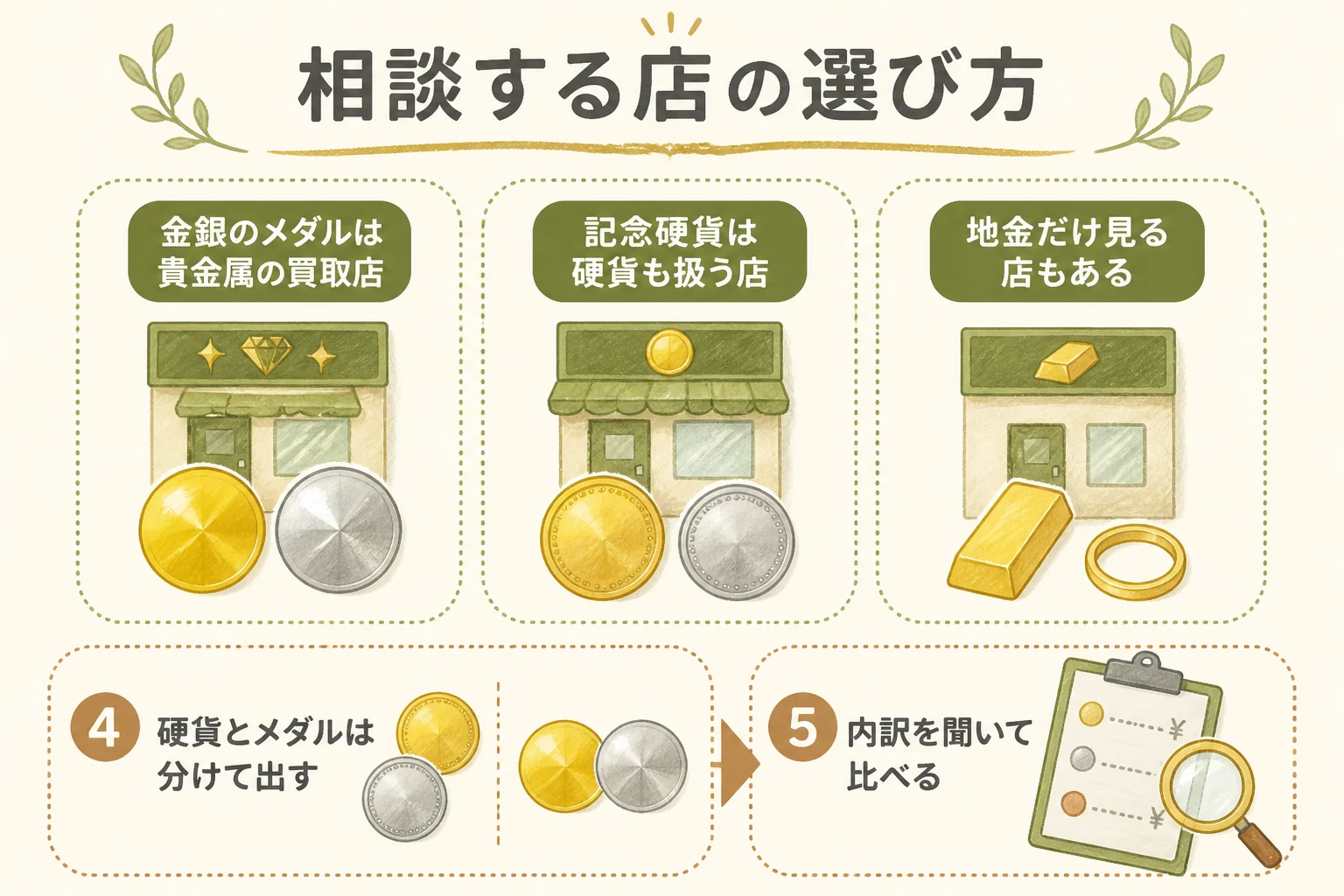 長野オリンピック記念メダルと記念硬貨の相談先の選び方を示した図解