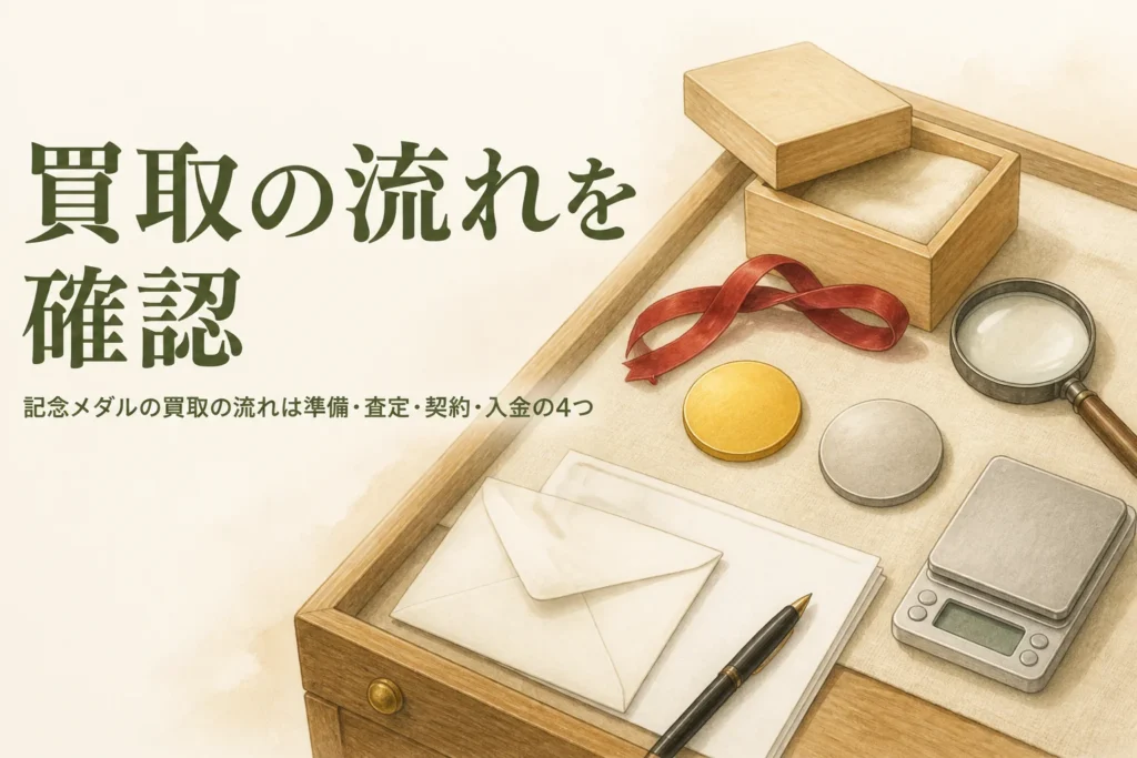 記念メダルの買取の流れのアイキャッチ。無地の金色・銀色のメダルと書類、はかり