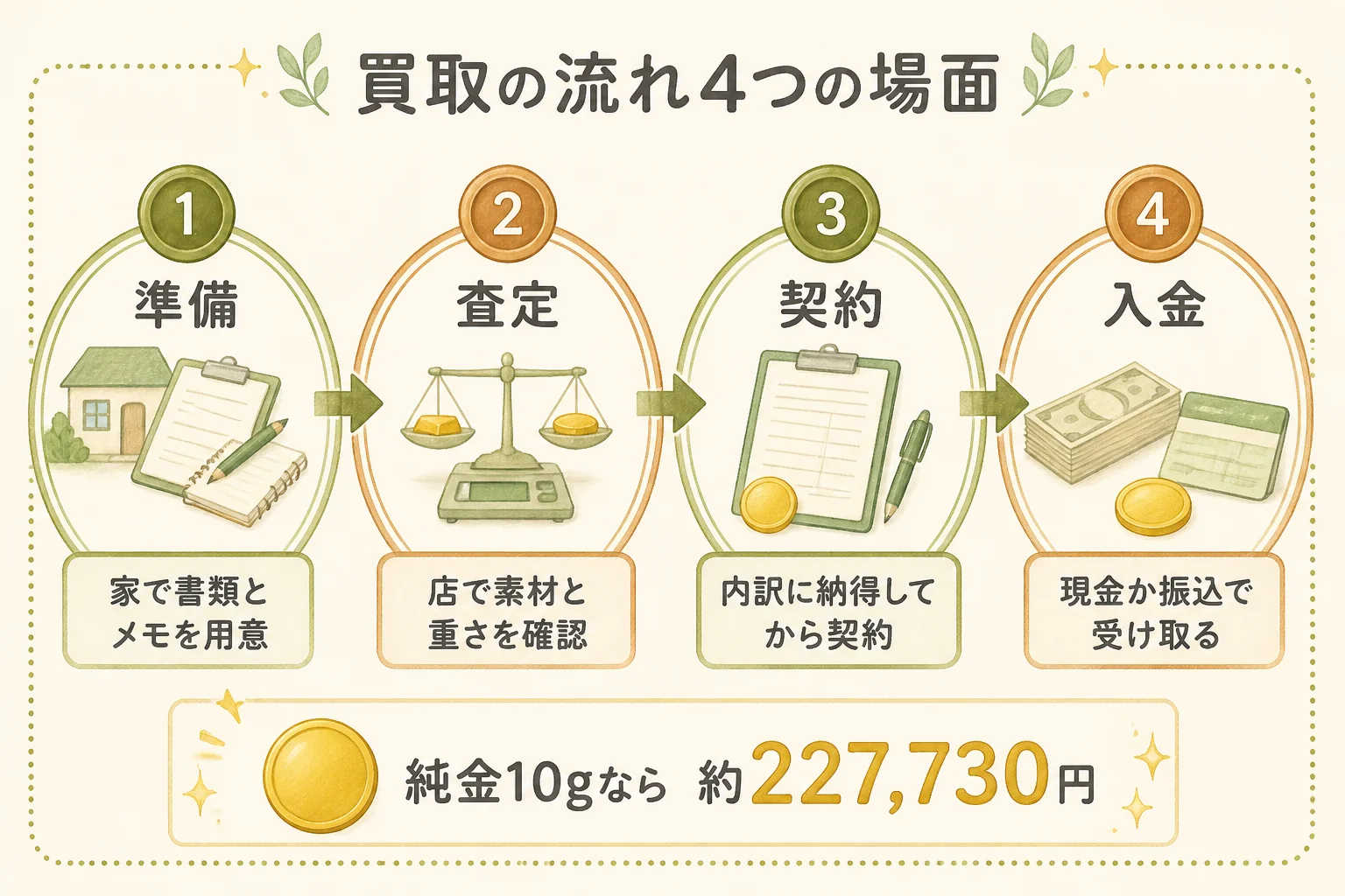 記念メダルの買取の流れを準備から入金までの4つの場面で示した図解