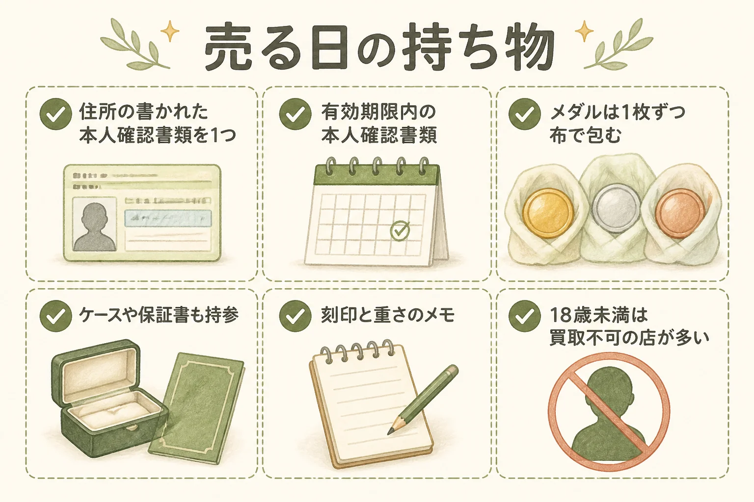 記念メダルを売る日の持ち物と確認することを示した図解