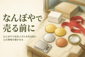 無地の金色・銀色のメダルとはかり、宅配用の小箱のイメージ、「なんぼやで売る前に」の文字