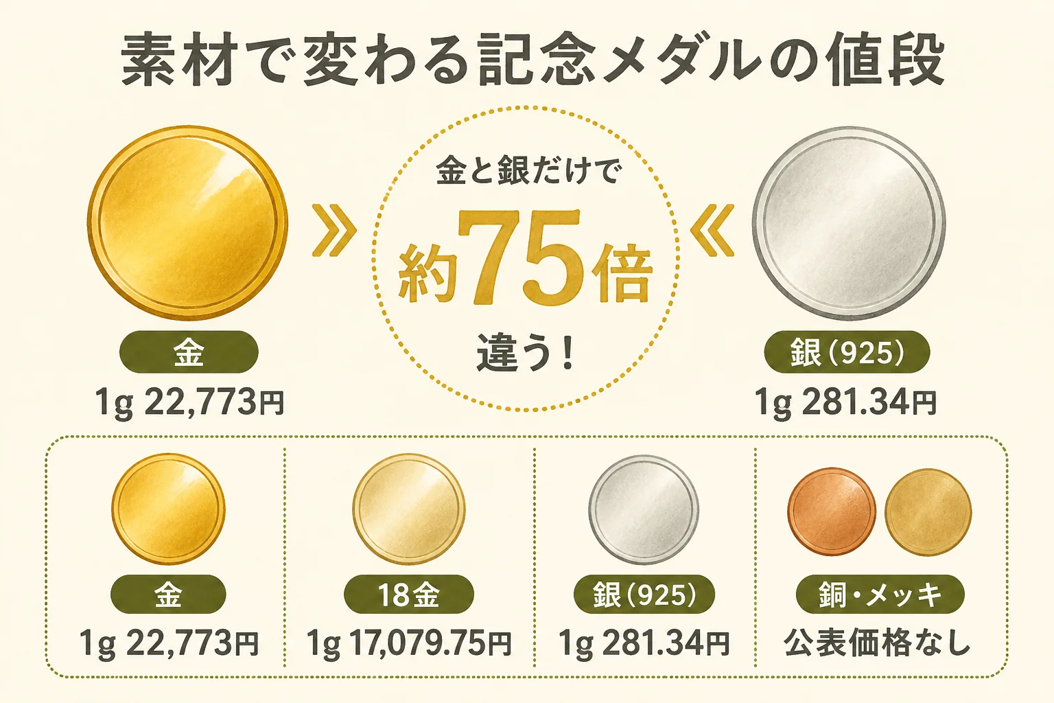 オリンピック記念メダルの素材ごとの値段の決まり方を示した図解