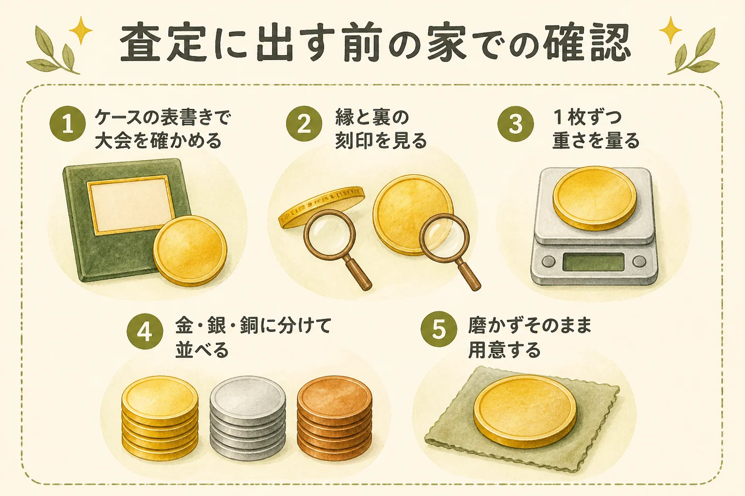 オリンピック記念メダルを査定に出す前に家で確かめることを示した図解