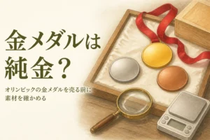 無地の金色のメダルとはかりのイメージ、「金メダルは純金？」の文字