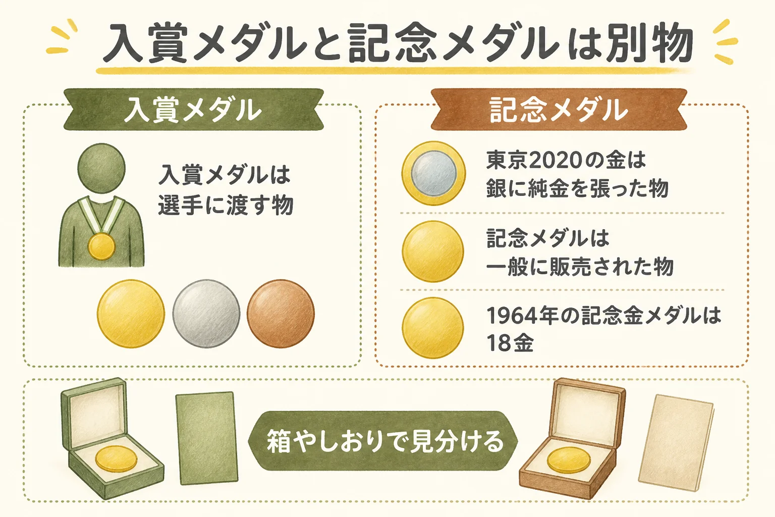 オリンピックの入賞メダルと記念メダルの違いを示した図解