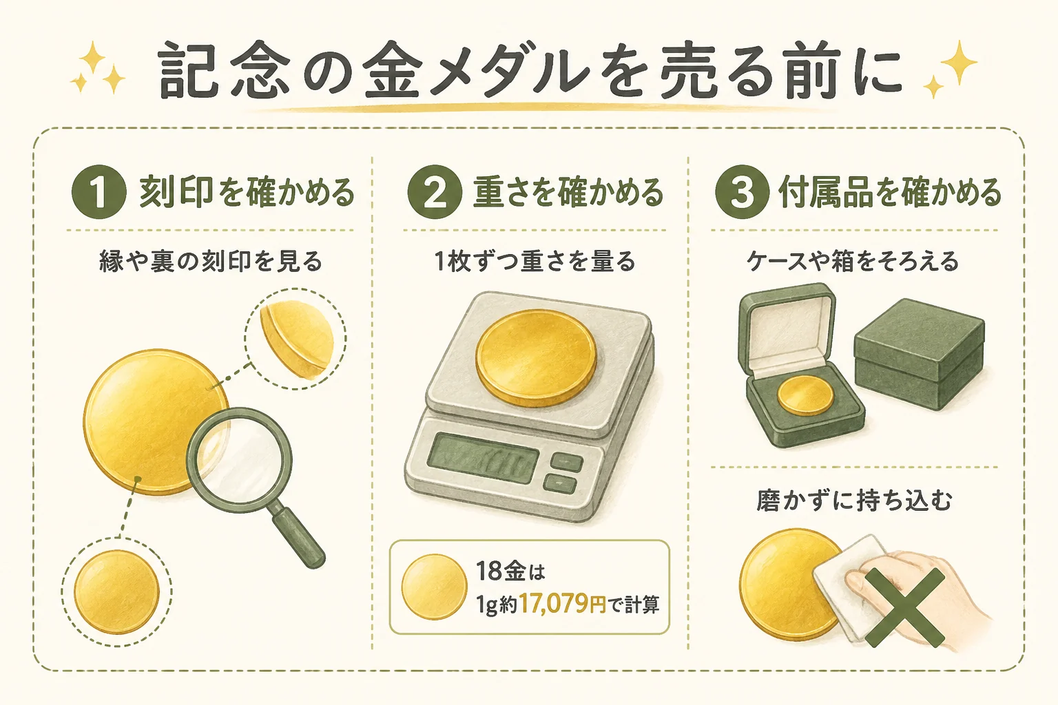 記念の金メダルを売る前にやることをまとめた図解