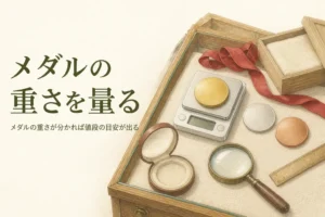 キッチンスケールにのせた無地の金色のメダルのイメージ、「メダルの重さを量る」の文字