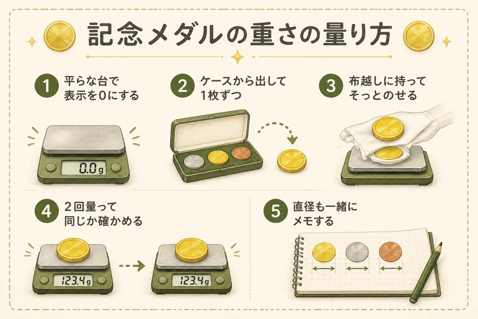 記念メダルの重さの量り方の図解
