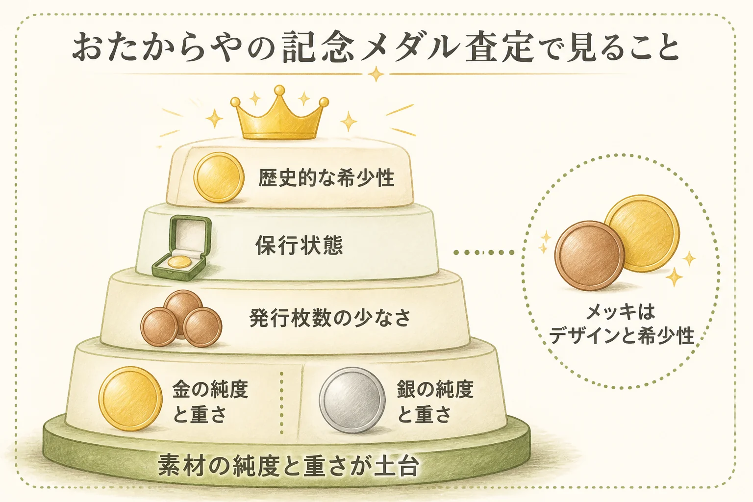おたからやの記念メダル査定で見るポイントの図解