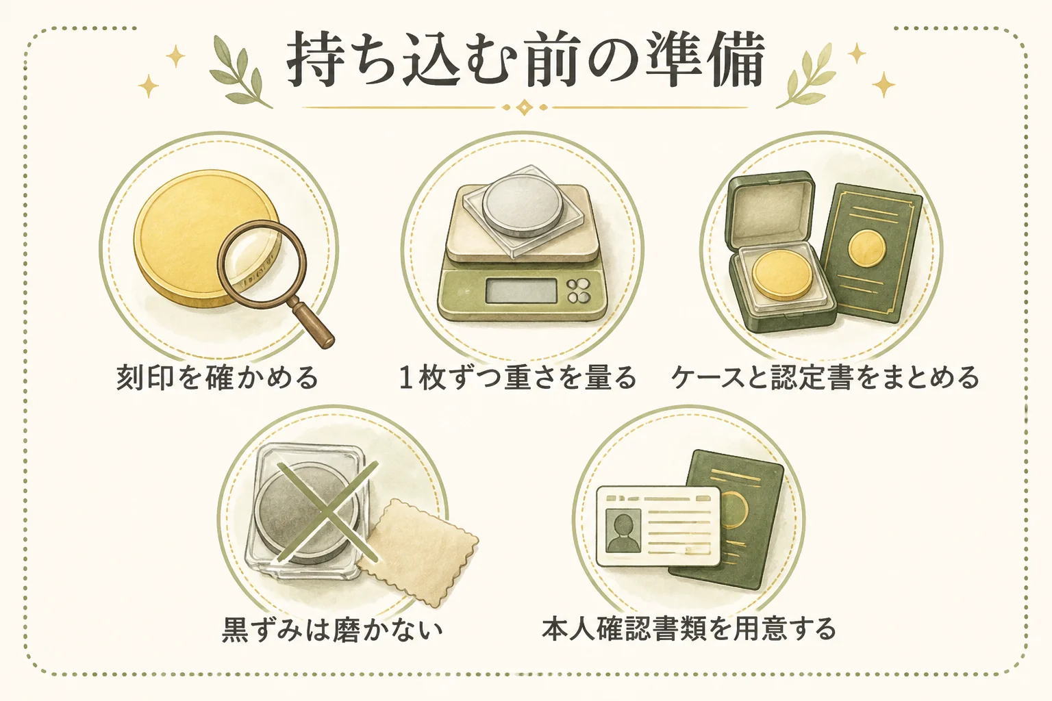 おたからやへ記念メダルを持ち込む前の準備の図解