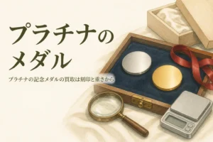無地の白銀色のメダルとルーペ・はかりのイメージ、「プラチナのメダル」の文字