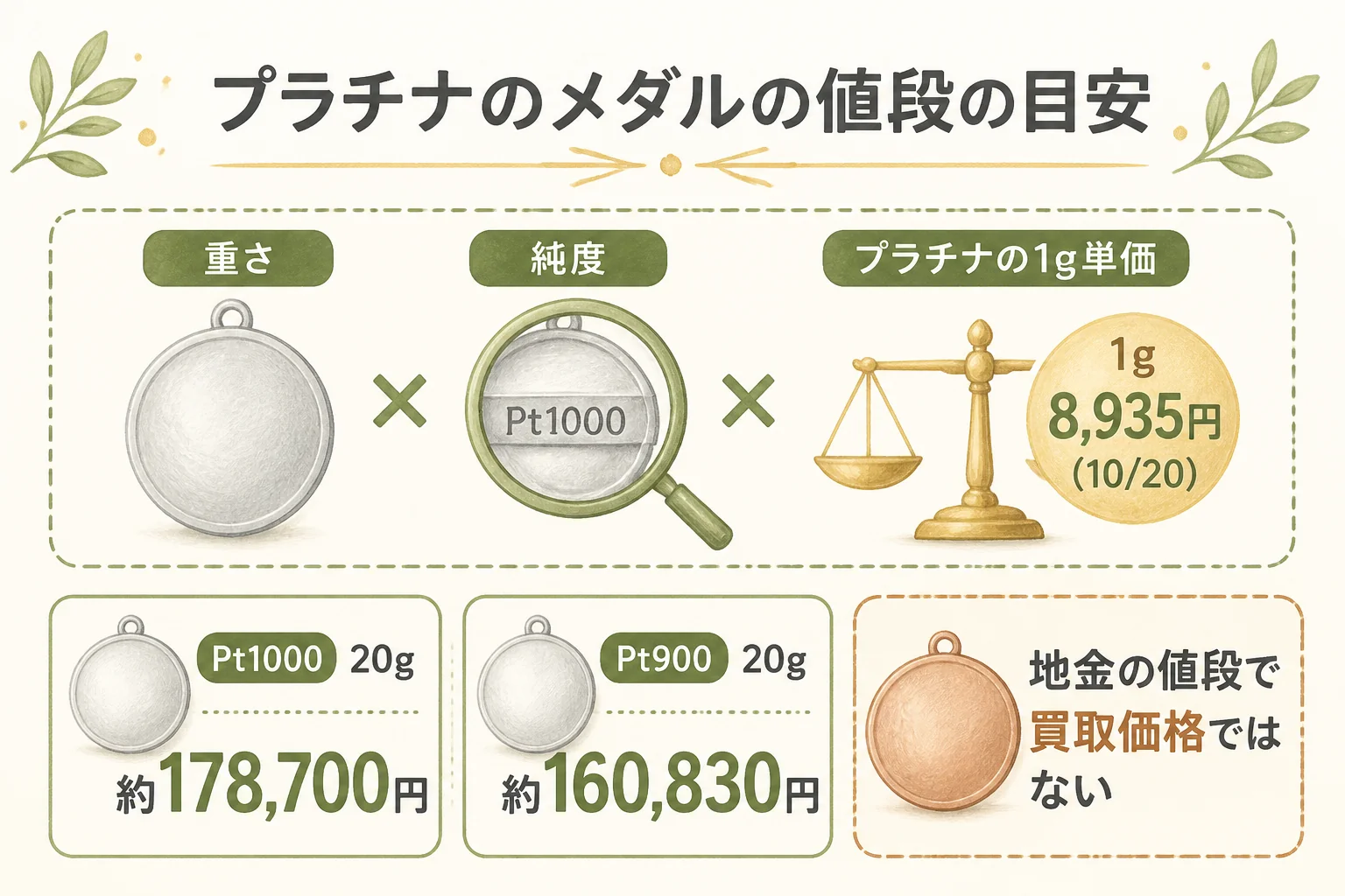 プラチナの記念メダルの値段の目安の出し方の図解