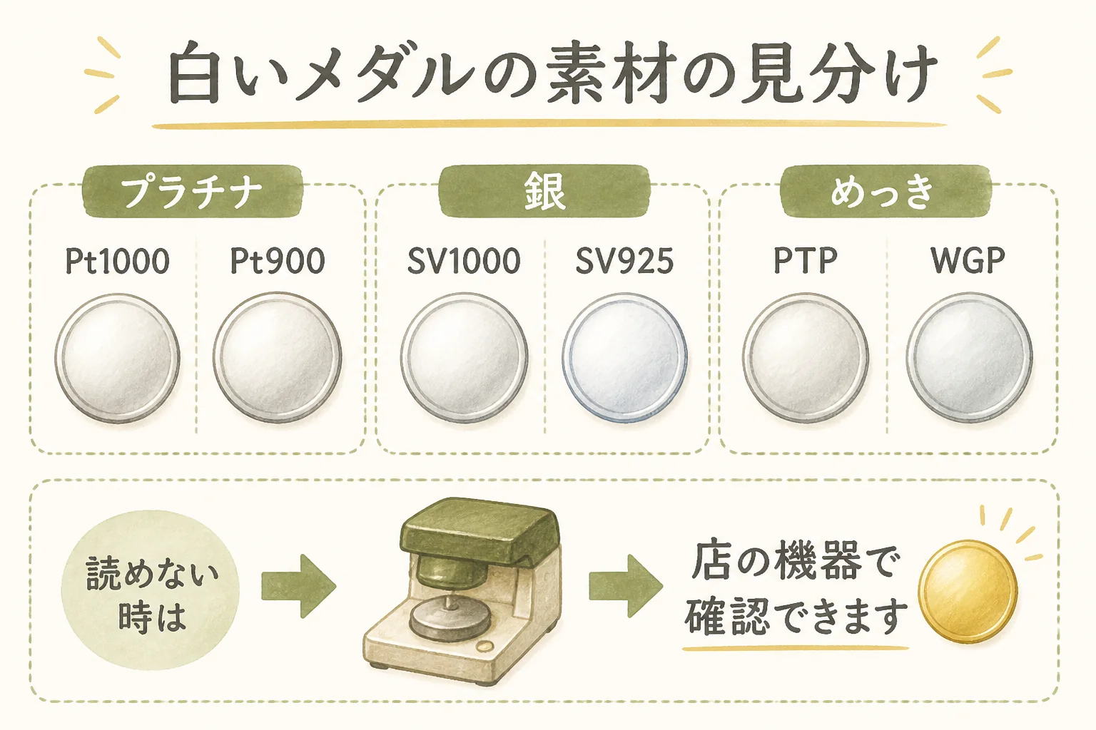 プラチナのメダルと見間違えやすい素材の図解