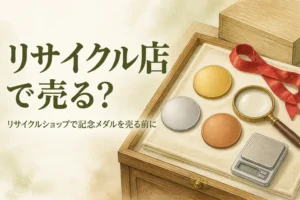 無地の金色・銀色・銅色のメダルとはかりのイメージ、「リサイクル店で売る？」の文字