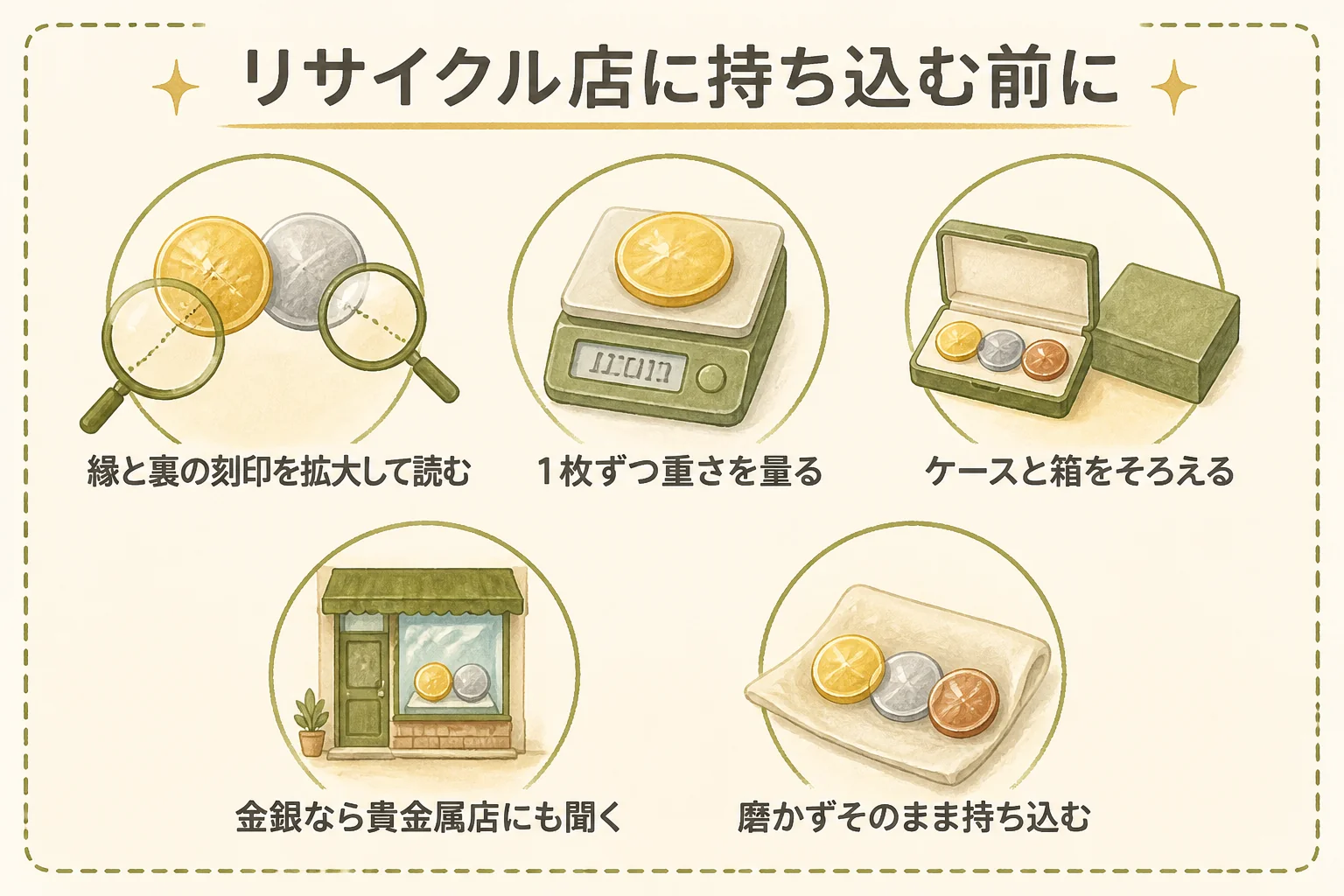 リサイクルショップに記念メダルを持ち込む前の確認の図解