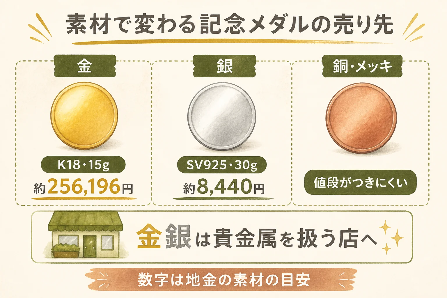 素材別に記念メダルの売り先を選ぶ図解