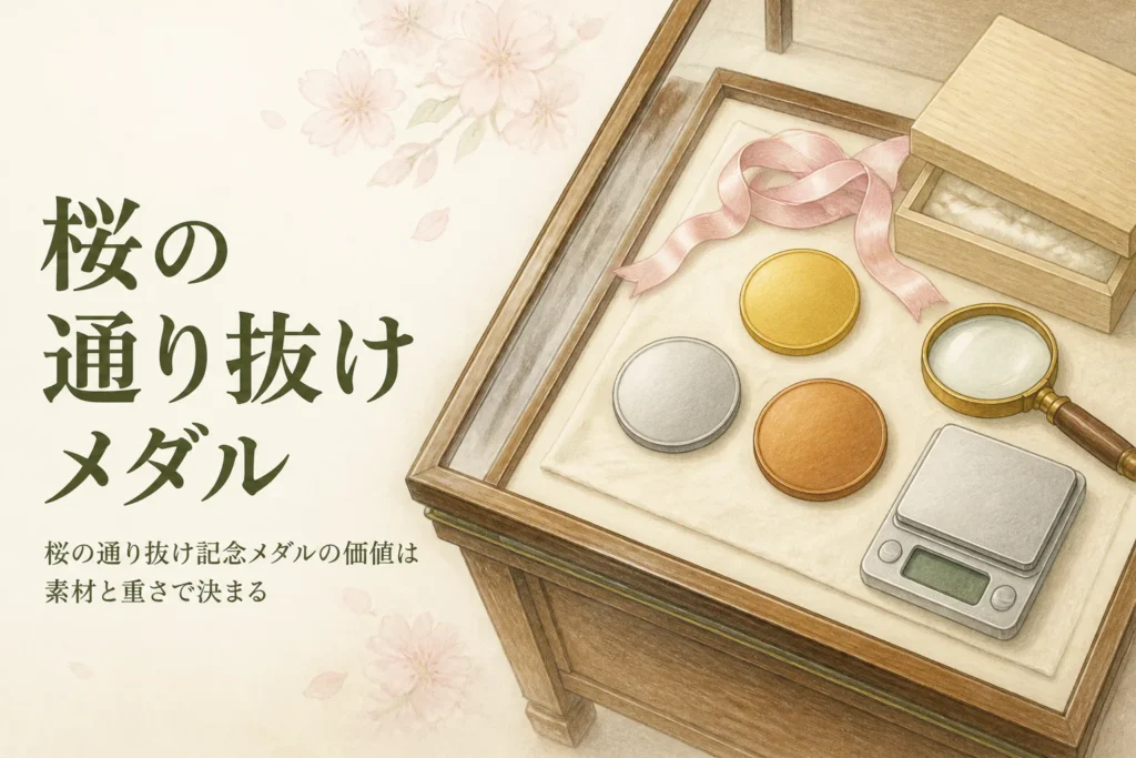 桜の通り抜け記念メダルの価値のアイキャッチ。無地の金色・銀色・銅色のメダルとはかり