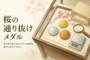 桜の通り抜け記念メダルの価値のアイキャッチ。無地の金色・銀色・銅色のメダルとはかり