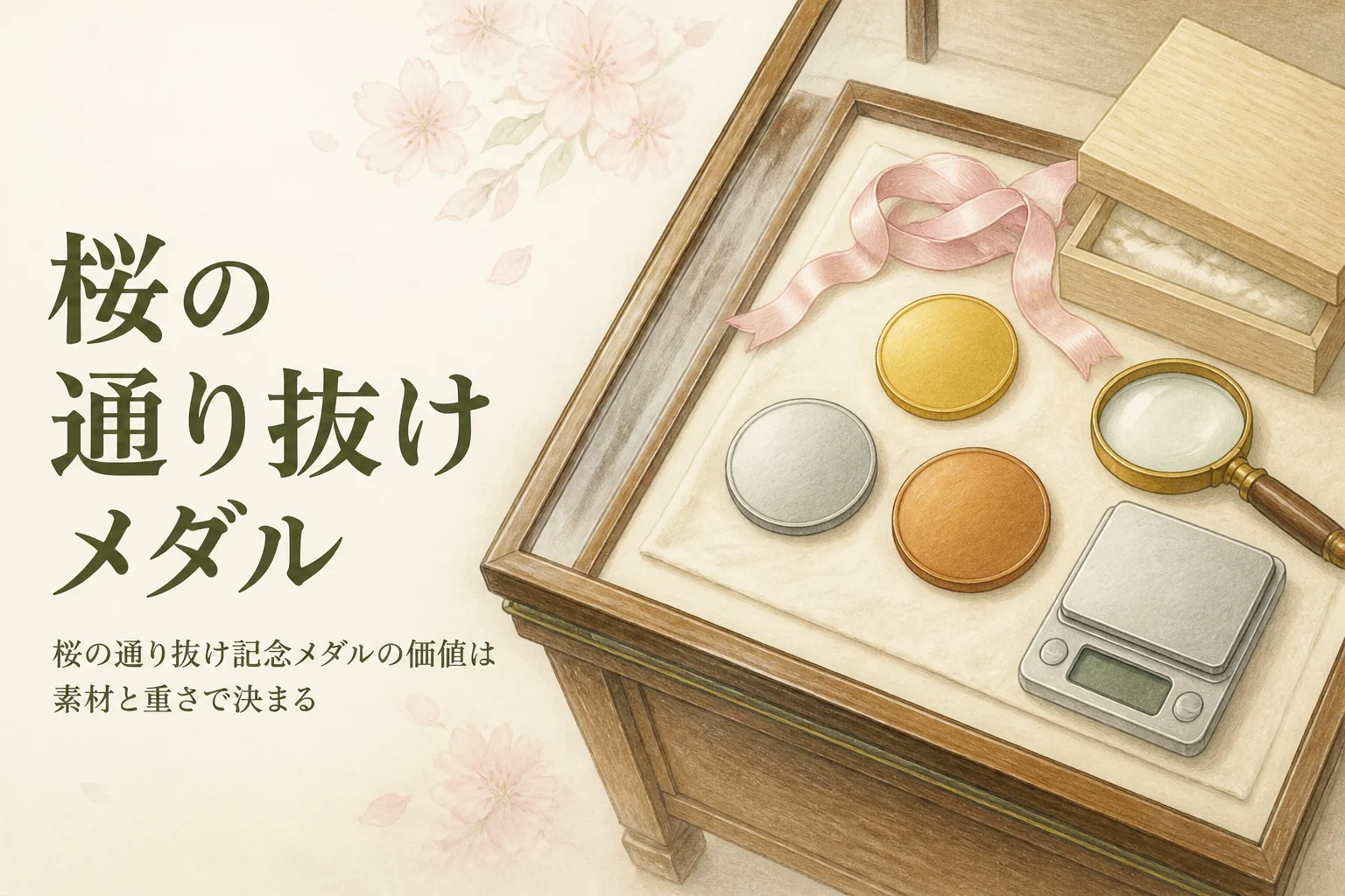 桜の通り抜け記念メダルの価値のアイキャッチ。無地の金色・銀色・銅色のメダルとはかり