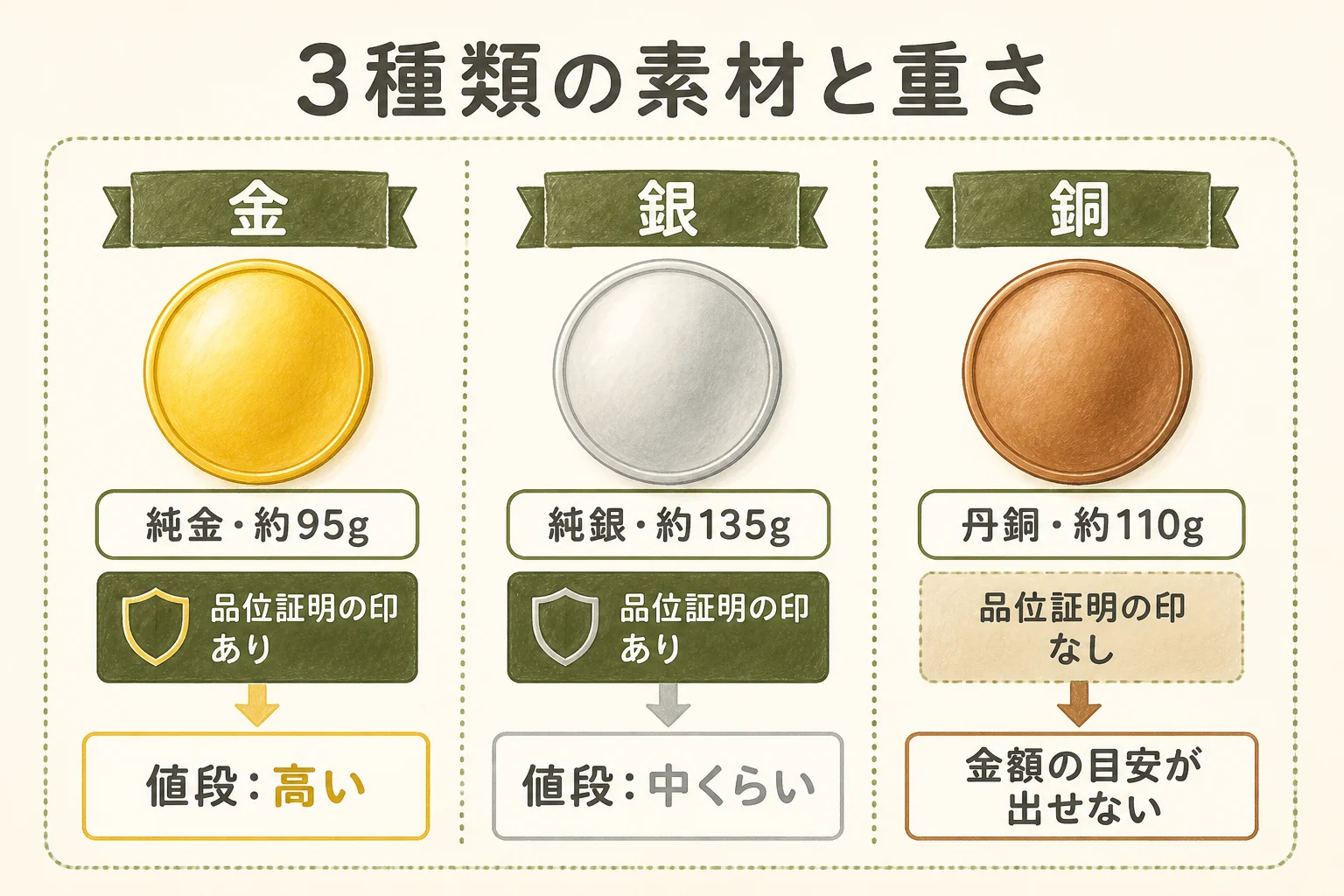 桜の通り抜け記念メダルの金・銀・銅の素材と重さを並べた図解