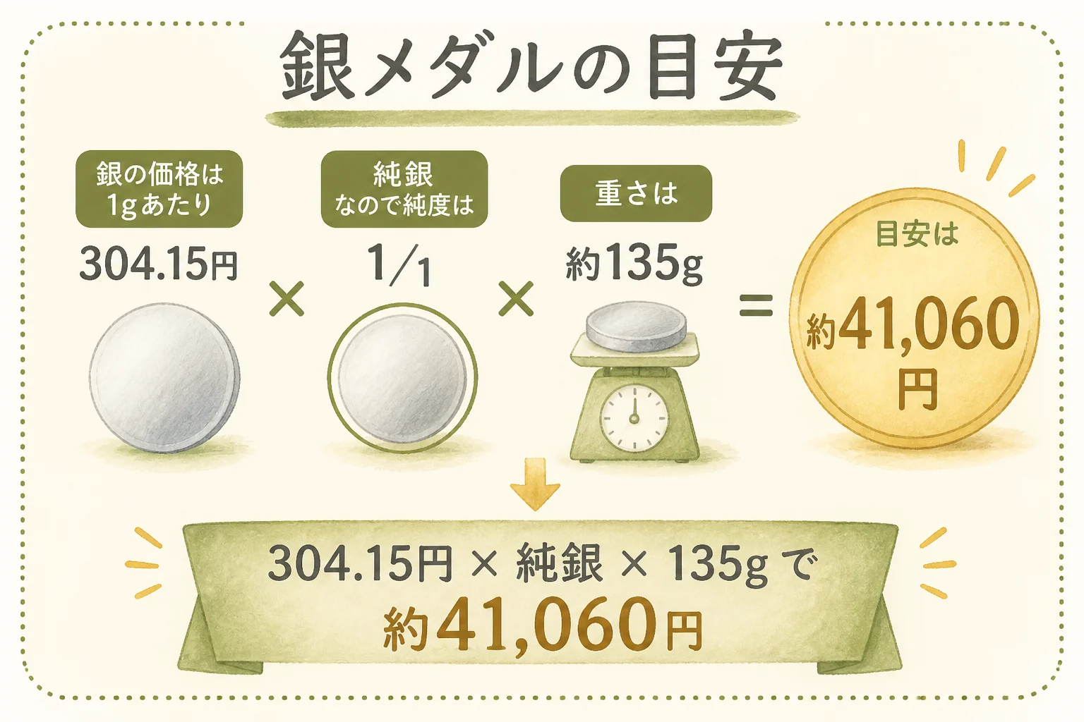 桜の通り抜け記念メダルの銀メダルの目安の出し方を示した図解