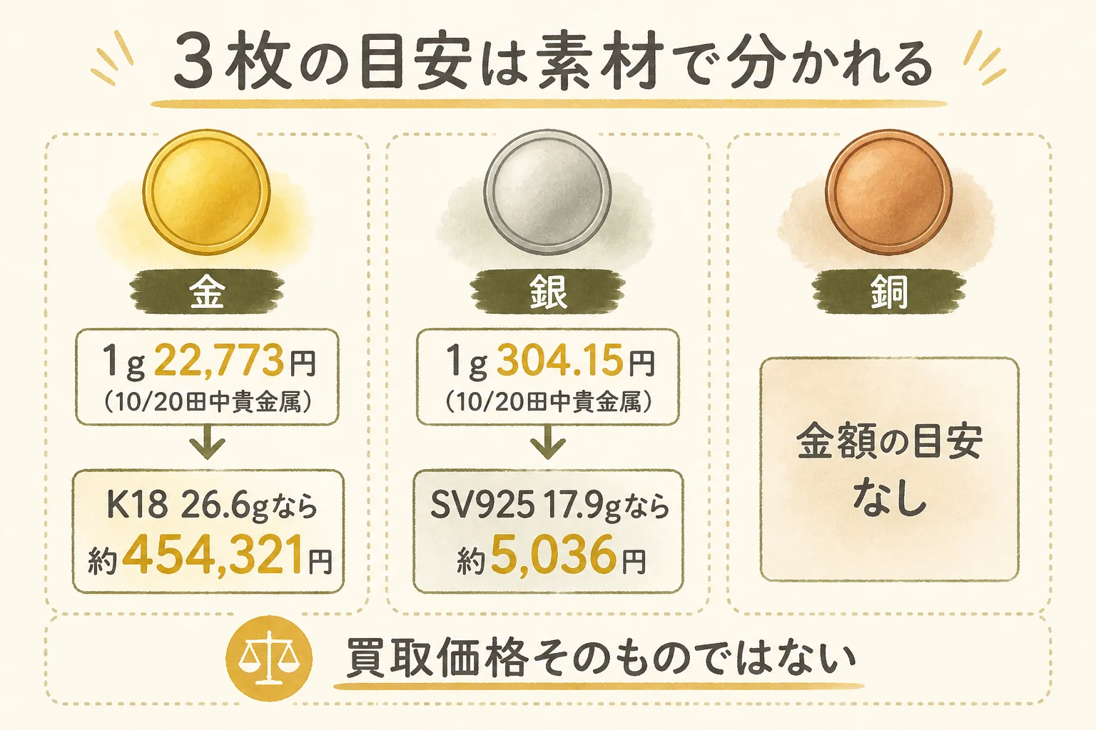 札幌オリンピック記念メダルの3枚の素材ごとに目安を出す計算の流れを示した図解