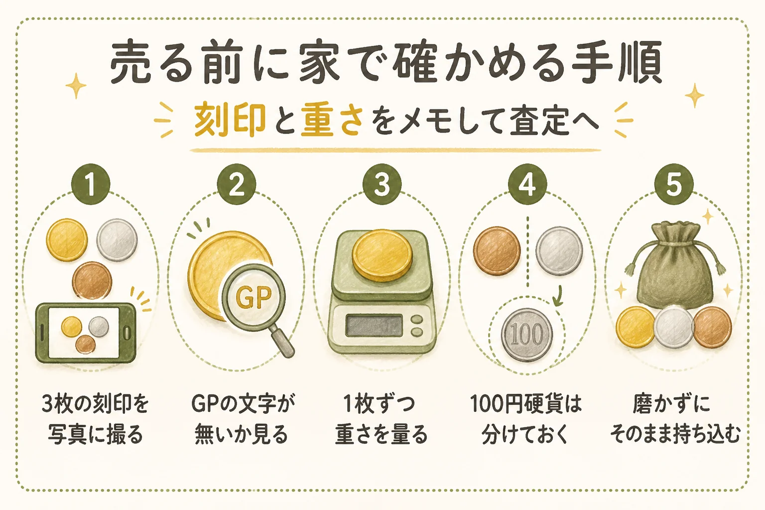 札幌オリンピック記念メダルを売る前に家で確かめる手順を示した図解