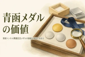 無地の金色のメダルと白銀色の硬貨のイメージ、「青函メダルの価値」の文字