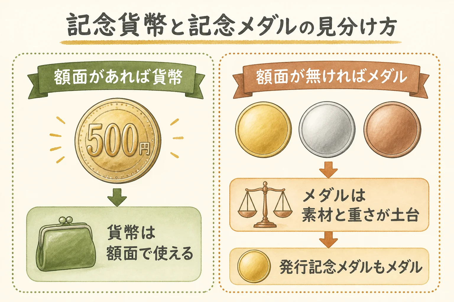 青函トンネルの記念品が貨幣かメダルかを見分ける図解