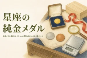 純金メダル星座コレクションの買取のアイキャッチ。無地の金色のメダルと化粧ケース、はかり